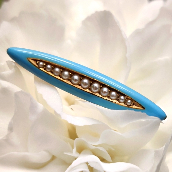 Krementz Jewelry - Antique Solid 14K Yellow Gold Pin Brooch signed Krementz Sea Seed Pearls Enamel